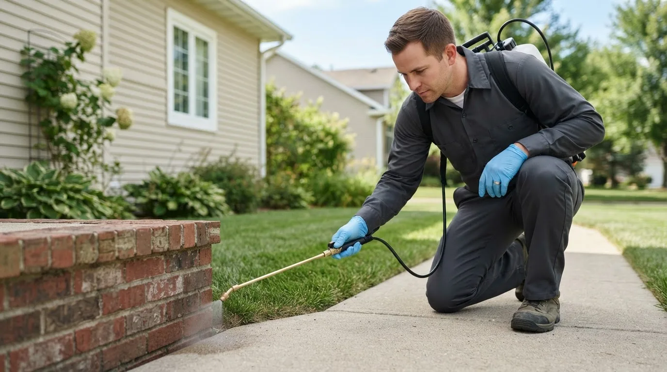 Pest control technician treating a home near Aubrey, TX